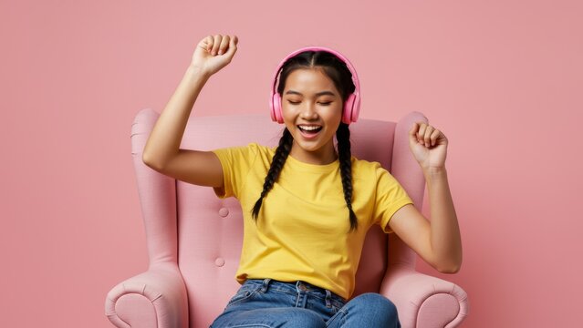 Asian teenage girl with pink headphones dances joyfully in pink chair against pink background Themes of youth, fun, and self expression - Powered by Adobe