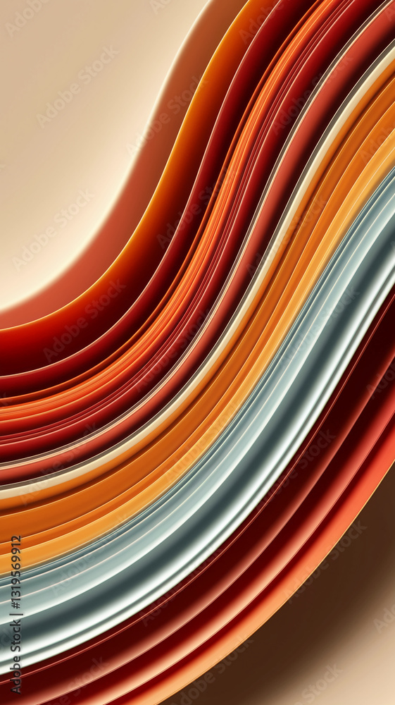 Poster abstract image of curved, layered shapes in orange, red, and beige tones creating a dynamic, flowing
