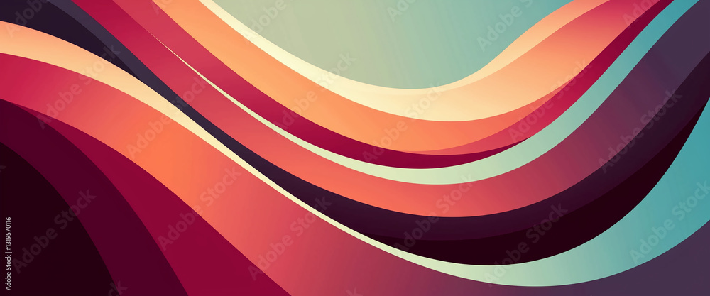 Poster abstract image of curved, multicolored stripes in shades of red, orange, and teal creating a flowing