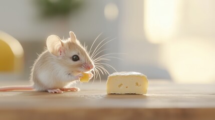 Fototapeta premium Curious Mouse Exploring Wooden Countertop While Sniffing Delicious Cheese Bite in Warm, Light-Filled Kitchen Environment