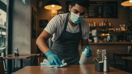 Young Hispanic man sanitizing table in restaurant Indoor urban setting highlighting hygiene and public health efforts