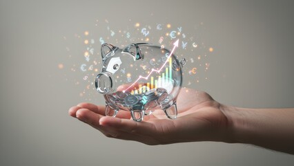 Caucasian man holding transparent piggy bank with money graphs Concept of investment, financial growth, personal finance