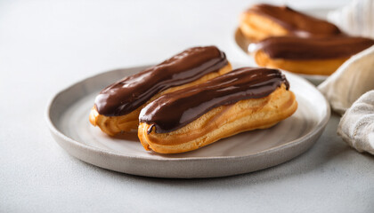 Tasty eclairs with chocolate topping. Delightful pastry. Delicious and sweet food. Yummy dessert.