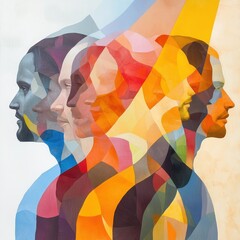 Abstract Representation of Social and Cultural Change Through Vibrant Colors and Layers of Human Faces