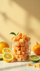 Colorful citrus fruits cut into bite-sized pieces.