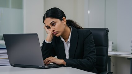 Fototapeta premium South Asian woman in business attire working on laptop, showing boredom in modern office Themes of stress and work life balance