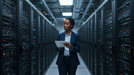 Black woman IT professional working in data center, using tablet in modern server environment Focused on technology and innovation