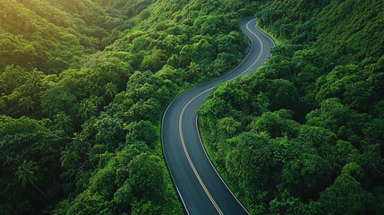 Winding scenic road through lush green forest nature photography aerial view serene landscape