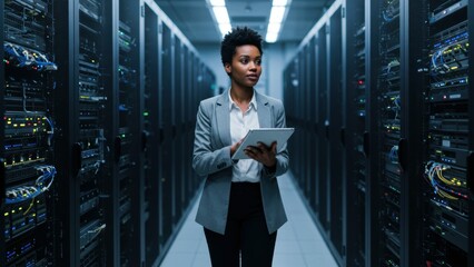 African American woman in professional attire holding tablet in data center Concept of diversity in tech, digital innovation