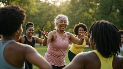 African American senior woman engages with younger women in a park during outdoor exercise, highlighting community wellness and empowerment