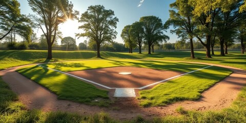 A sun-drenched baseball diamond nestled within a verdant landscape, surrounded by majestic trees casting long shadows at sunset