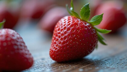 Strawberry, Bowl of fresh strawberries on wooden table, Close-up picture of Juicy Red Strawberry isoalted on table with blurred background