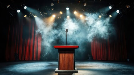 Dramatic Stage Setup with Podium and Spotlight in Theater Environment