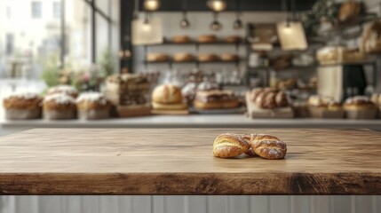 Empty table top with a blurred bakery interior