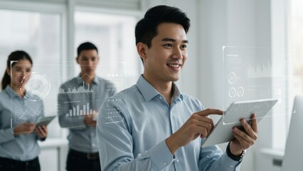 Asian male professional using tablet in modern office, collaborating with diverse team on data analysis and technology