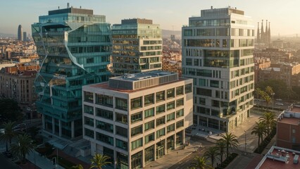 Modern glass buildings in Barcelona showcase innovative design at sunset Urban development theme