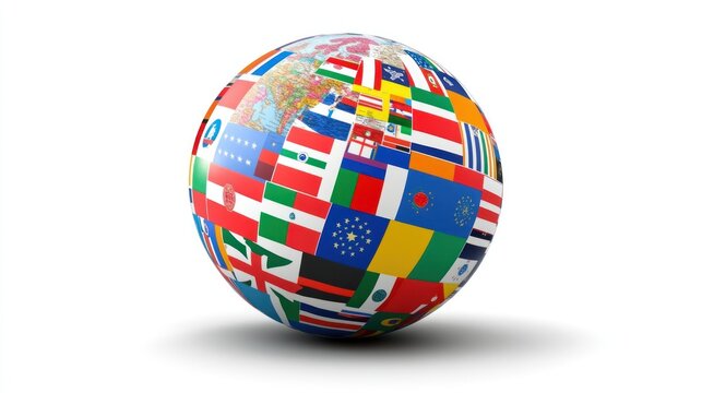 Globe sphere covered with colorful flags on a white background
