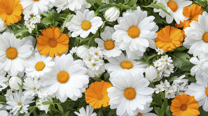 Obraz premium Bright and vibrant floral arrangement featuring white daisies and orange flowers, creating cheerful and lively atmosphere
