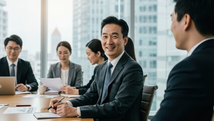 Asian businessman leads discussion with team in modern office with city skyline Themes of teamwork and leadership