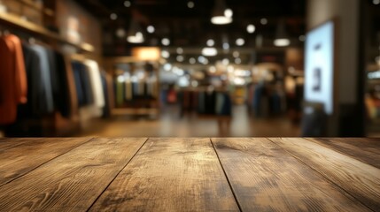 Clothing store interior with empty table. Blurred background