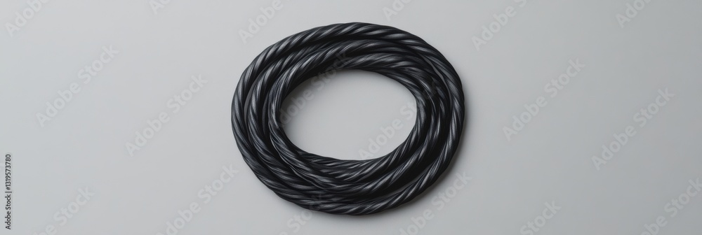 Poster neatly coiled black jump rope on smooth grey background creates a minimalist and serene atmosphere