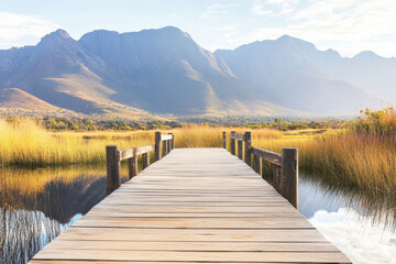 Naklejka premium Scenic wooden pier extending into tranquil lake with mountain backdrop and lush grasses