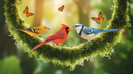 Three colorful birds perched on moss-covered branch, two butterflies nearby, soft-focus background showcasing nature's beauty and vibrant colors, ideal for nature or wildlife concepts