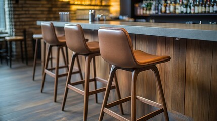 Sleek wooden bar stools, upholstered in rich leather, form a stylish row, ready to embrace diners in comfort and style, perfect for savoring culinary delights in a modern setting.