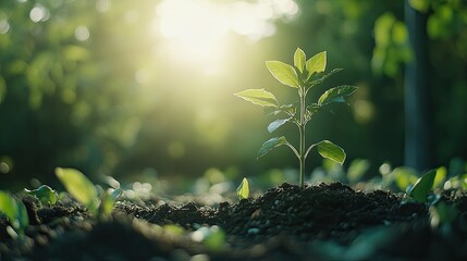In the garden, a little tree is flourishing in the sunlight. Eco-concept. 
