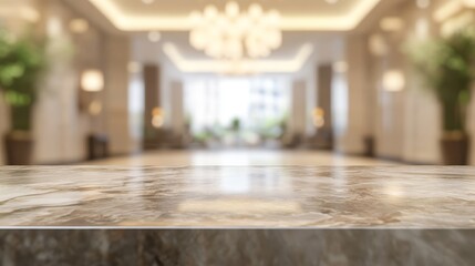 Marble table top with blurred hotel interior background