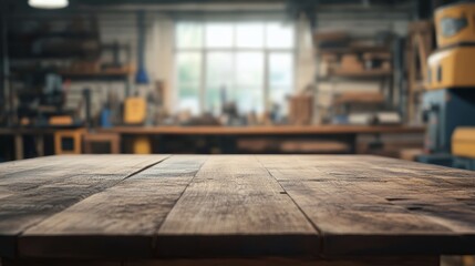 Empty table top with a blurred workshop interior