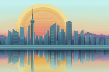 Fototapeta premium Serene cityscape mirrored in still waters at twilight, blending urban outlines with a dreamlike palette of sunset hues.