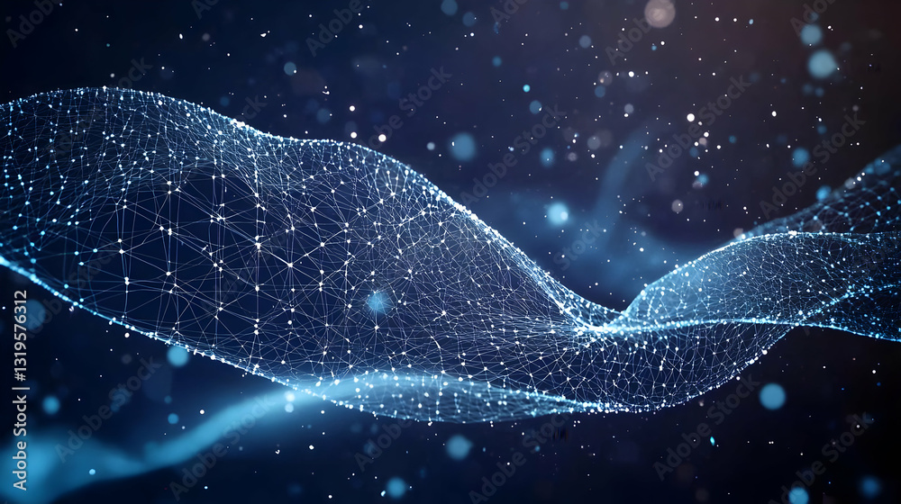 Poster abstract digital waveform displaying data flow in shades of blue with floating particles and soft fo