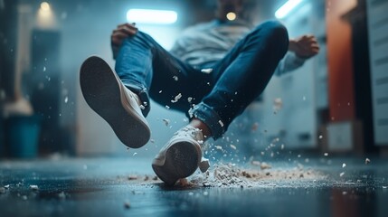 Person falls and injures knee on a slippery floor in a dim indoor setting