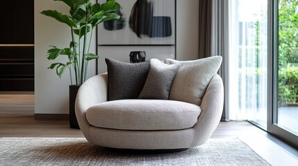 In a contemporary living room, a plush, woven armchair cradled the occupants in its embrace, its inviting cushion inviting relaxation and comfort in the modern haven.