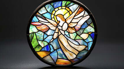 Stained glass angel with halo, colorful design, artistic craftsmanship, vibrant colors, decorative art piece, spiritual symbol