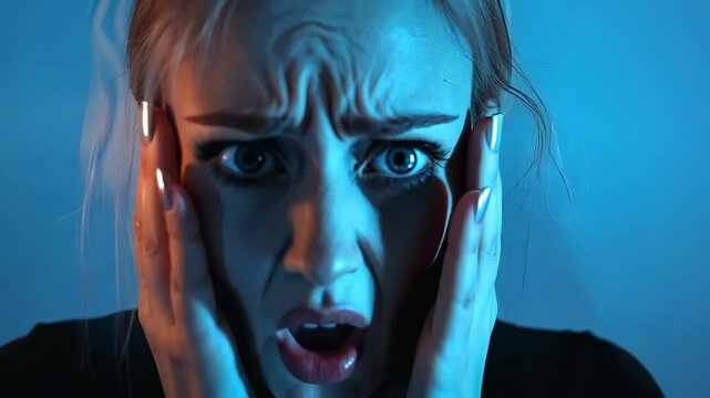 Emotional expression of fear captured in a dramatic blue light with vivid facial details showcasing distress and shock