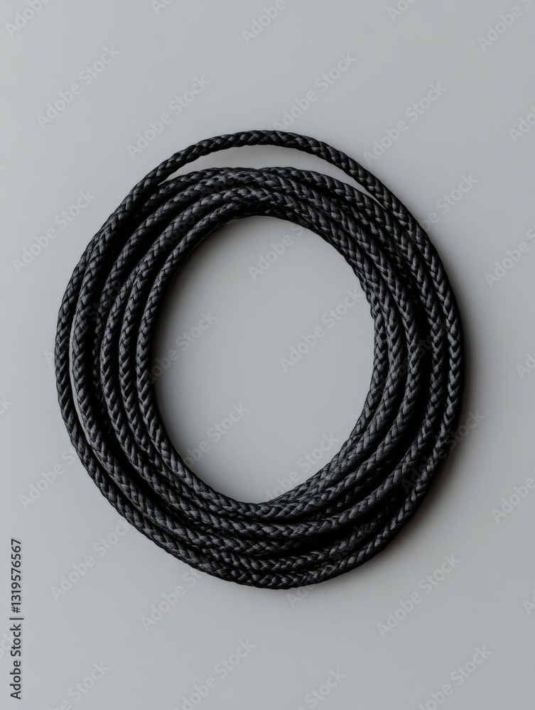 Poster Neatly coiled black jump rope on a smooth grey background showcasing minimalist design and negative space for fitness and activity enthusiasts