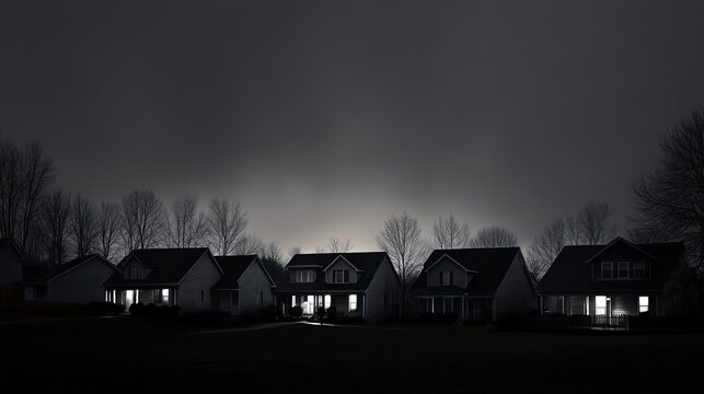 Homes remain dark during a blackout to ensure safety and conserve energy at night in the neighborhood