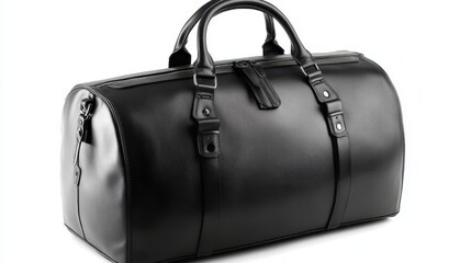 A sleek, black leather duffel bag, exuding an aura of sophistication, is meticulously crafted for both urban exploration and international journeys, its spacious compartments and robust construction