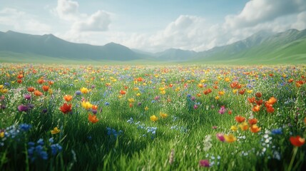 Fototapeta premium Colorful meadow flowers mountain background, vibrant landscape, springtime scene, nature photography