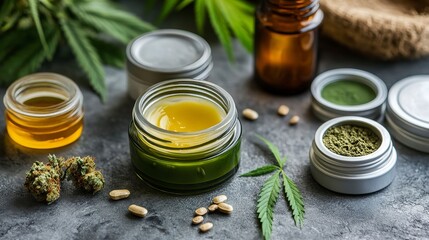 Natural topical ointments displayed on a stone surface with various herbs and containers