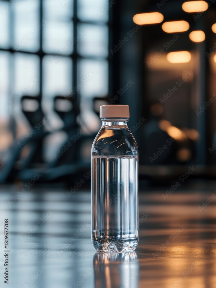 Poster minimalist transparent water bottle in a blurred gym setting with ample space for text and a clean, 