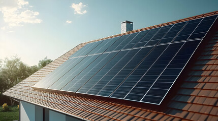 Obraz premium Residential Rooftop Solar Panels Under Blue Sky on Red Tile Roof in Modern Suburban Home Setting