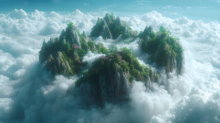 A serene floating island with lush greenery amidst fluffy clouds under a bright sky
