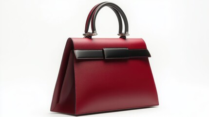 A vibrant crimson handbag, crafted from sleek, modern materials, boasts a graceful leather handle that seamlessly integrates into its elegant design, making it a versatile companion for any occasion.
