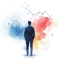Futuristic Businessman Contemplating Colorful Data and Analytics