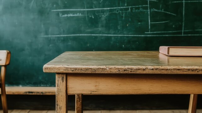 Old Wooden Desk and Book in Front of Green Chalkboard