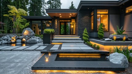 Obraz premium Modern Luxury Home Exterior with Serene Water Features