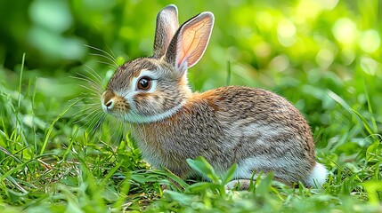 Fototapeta premium Adorable Young Rabbit in Lush Green Grass